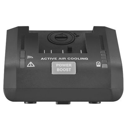 A black device with "ACTIVE AIR COOLING" and "POWER BOOST" text and hazard symbols.