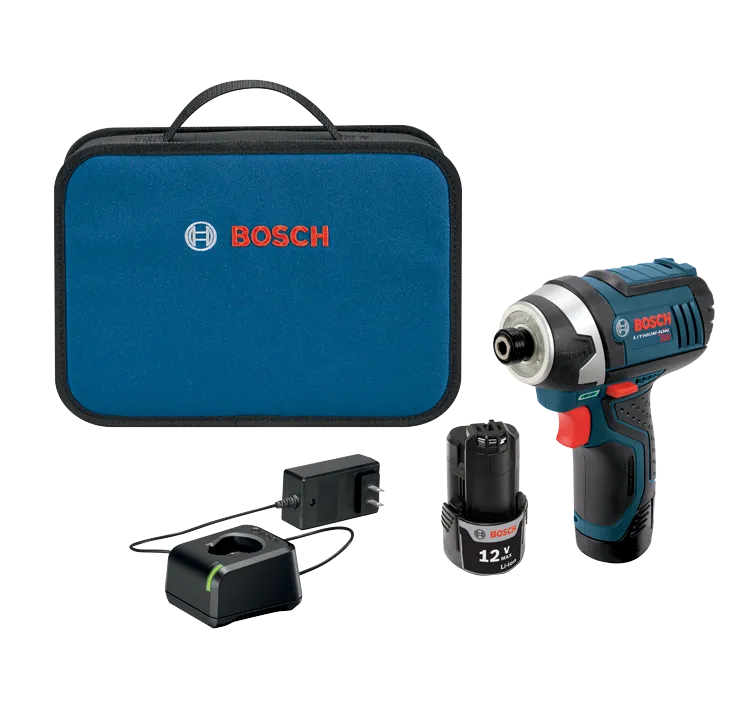 Bosch 12V Li-Ion impact drill, charger, and battery in carrying case.