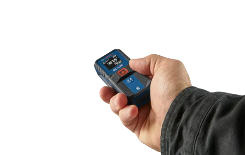 Bosch BLAZE laser measure, displaying '98'05"' and '3/32'.