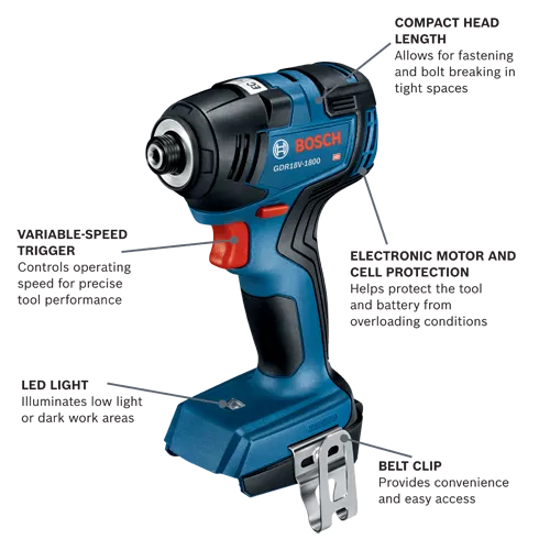 Bosch GDR18V-1800 impact driver with compact head length, variable-speed trigger, electronic motor and cell protection, LED light, and belt clip.