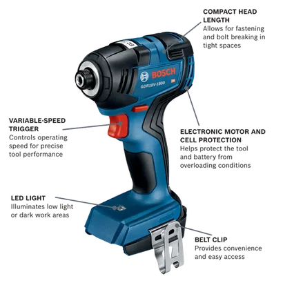 Bosch GDR18V-1800 impact driver with compact head length, variable-speed trigger, electronic motor and cell protection, LED light, and belt clip.
