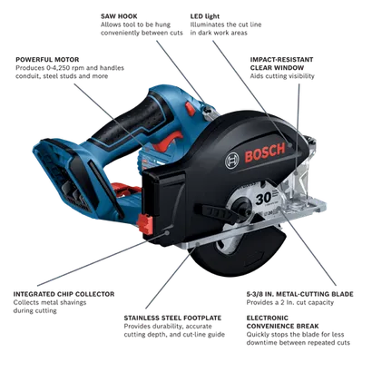 Bosch metal cutting saw, with saw hook, LED light, impact-resistant clear window, integrated chip collector, stainless steel footplate, 5-3/8 in. metal cutting blade, and electronic convenience break.