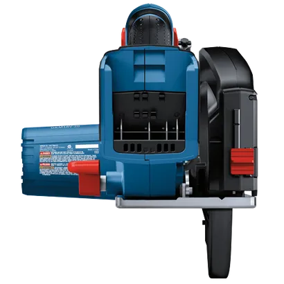 Bosch GKM18V-20 cordless saw with "BOSCH" branding, "COOLING FINS" label, and text: "GKM18V-20 3601 FB8 010 18V=n 4250/min Ø5 3/8" (136mm)", and warnings.