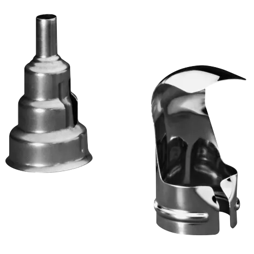 Two metallic heat gun nozzles.