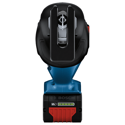 Bosch power tool with a blue and black body, with the Bosch logo visible, and a battery level indicator.