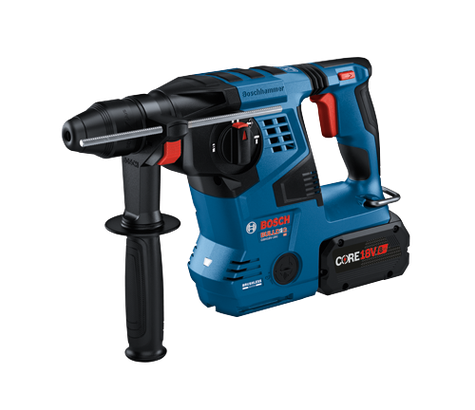 Bosch BULLDOG GBH18V-28C HD hammer drill with CORE18V 8 Ah battery.