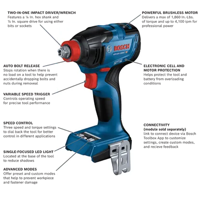 Bosch GDX18V-1860C HD impact driver, with half driver, half wrench and a 1/4 In. hex shank and a 1/2 In. square drive, features auto bolt release, variable speed trigger, speed control with 3 speed and torque settings, single-focused LED light, advanced modes, a powerful brushless motor and connectivity.