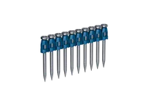Row of silver nails with blue plastic connectors.