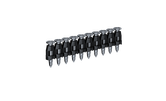 A strip of nails with black plastic holders and silver metal heads and tips.