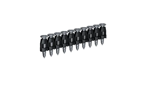 A strip of nails with black plastic holders and silver metal heads and tips.