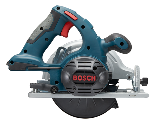 Bosch circular saw with "BOSCH" in red on the motor housing. "WARNING" is visible on the housing.