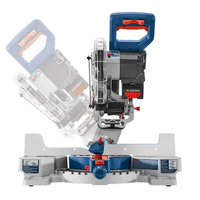 Bosch miter saw with blue and orange accents, and a transparent blade guard.