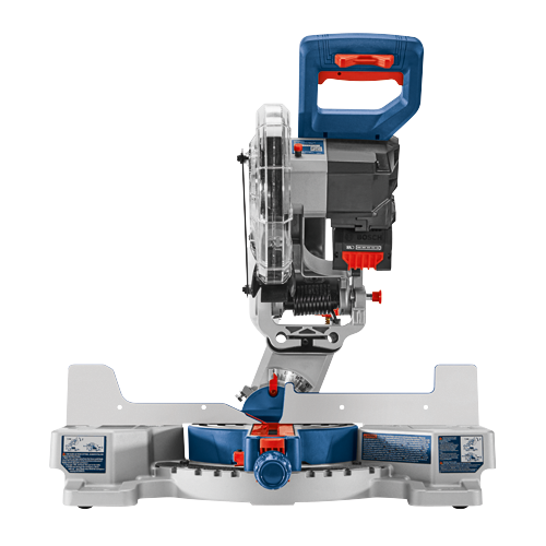 Bosch mitre saw with blue and silver components and a transparent blade guard.