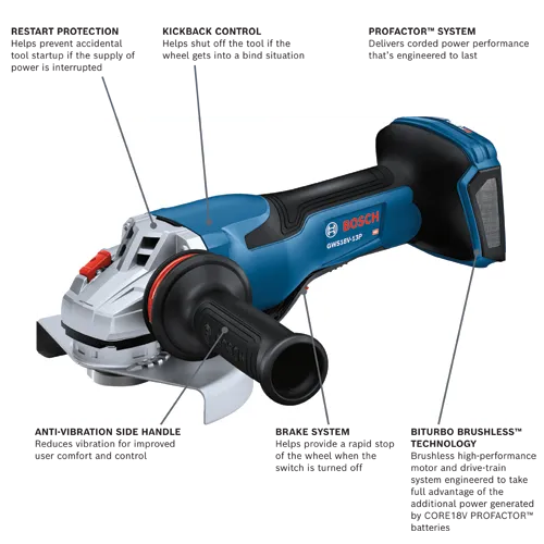 Bosch GWS18V-13P HD angle grinder with Restart Protection, Kickback Control, PROFACTOR™ SYSTEM, Anti-Vibration Side Handle, Brake System, and BITURBO BRUSHLESS™ TECHNOLOGY.