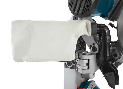 Dust collection bag and other components of a miter saw.