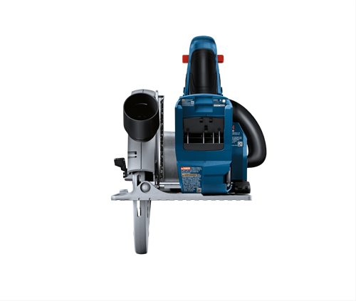 Bosch circular saw, black and blue, with text reading "A DANGER" and "A AVERTISSEMENT" with other text on the side. The saw has a blade guard and a black handle.