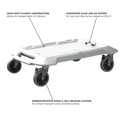 HEAVY-DUTY PLASTIC CONSTRUCTION dolly with INTEGRATED CLICK AND GO SYSTEM and RUBBER-WRAPPED WHEELS, BALL-BEARING CASTERS.