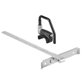Measuring tool with markings and additional bracket with black handle and components.