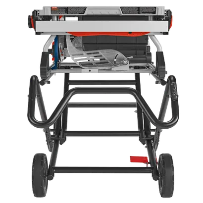 Table saw with visible "PELIGRO" and "ADVERTENCIA" warnings.