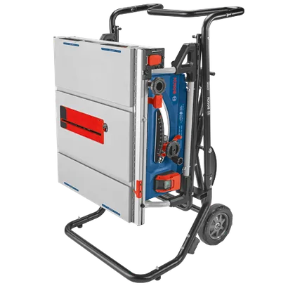 Bosch table saw, with "CLAMPZONE", "GTA50W GRAVITY RISE", and multiple controls.