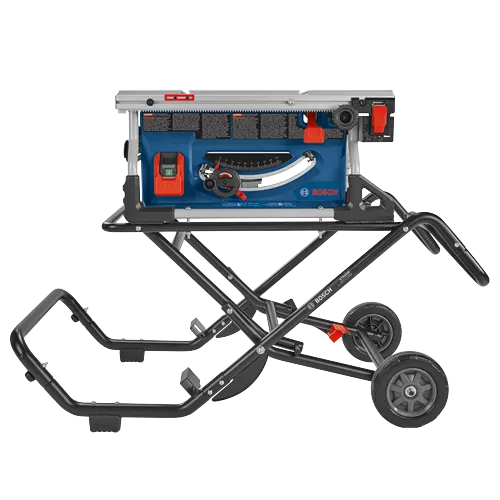Bosch table saw with stand, wheels, and angle indicator.