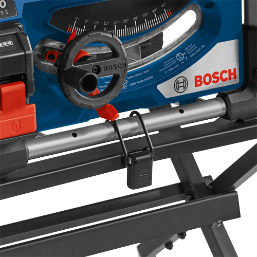 Bosch tool showing "BOSCH" brand name, angle gauge with indicators from 0° to 45°, Bevel Lock indicator, Elevation Wheel, and Blade Height indicators.