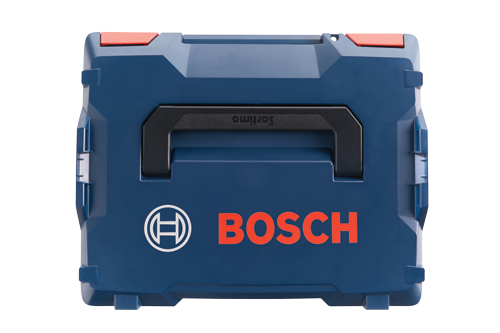 Bosch blue toolbox with red accents and a black handle, "Sortimo" text on handle and Bosch logo.