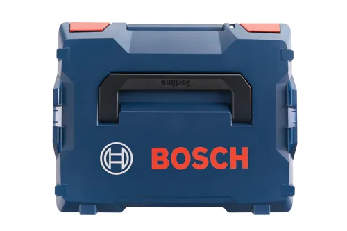 Bosch blue toolbox with red accents and a black handle, "Sortimo" text on handle and Bosch logo.