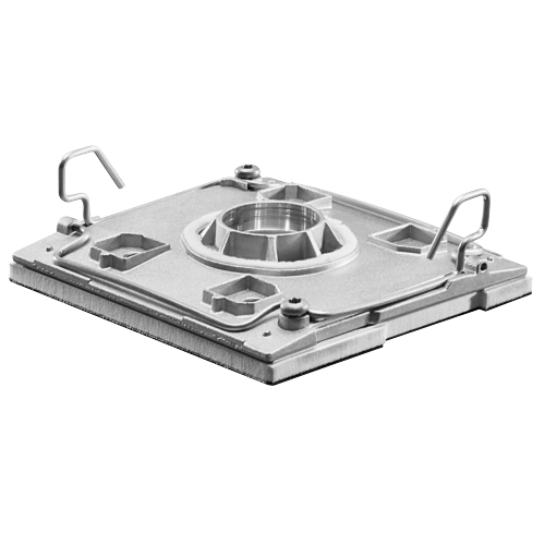 Square metal object with a central recess, attachment points, and two curved handles.