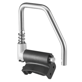 A metallic tool with a black section, including a curved handle, a spring, and a black base with a textured edge.