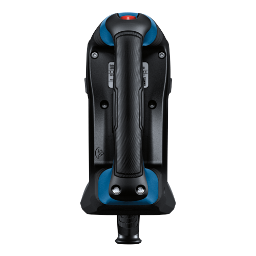 Black and blue device with a handle and red button on top.