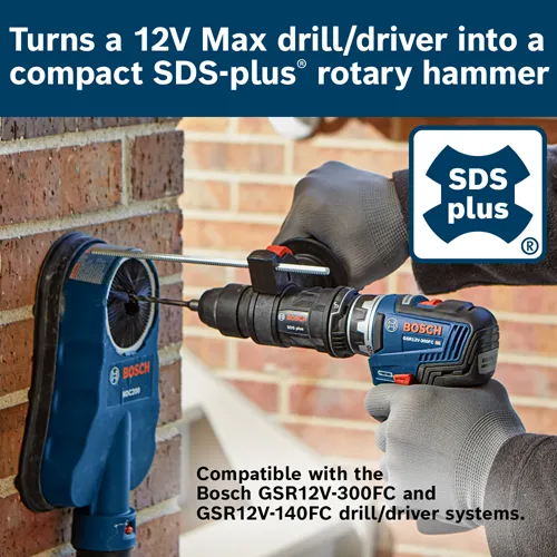 Turns a 12V Max drill/driver into a compact SDS-plus rotary hammer. The image displays a Bosch GSR12V-300FC drill/driver and a blue accessory with the Bosch HDC200 label, both used for drilling into brick.