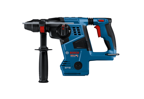 Bosch BULLDOG GBH18V-28C, Boschhammer. Brushless motor. Red and black details on blue tool.