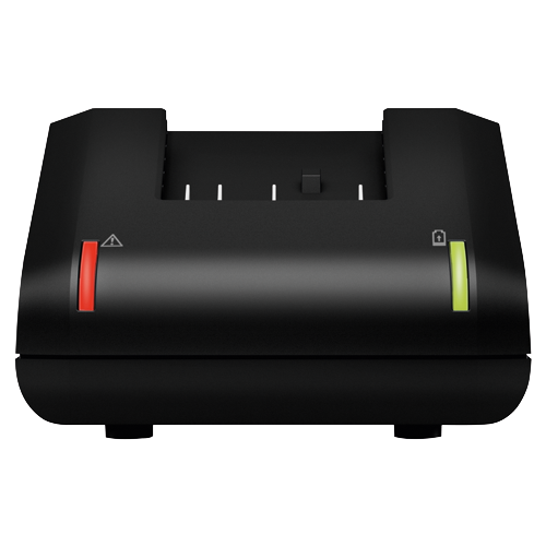 Black device with red and green lights and symbols.