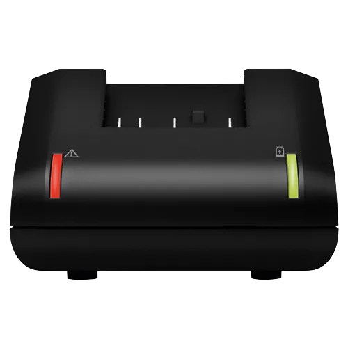 Black device with red and green lights and symbols.