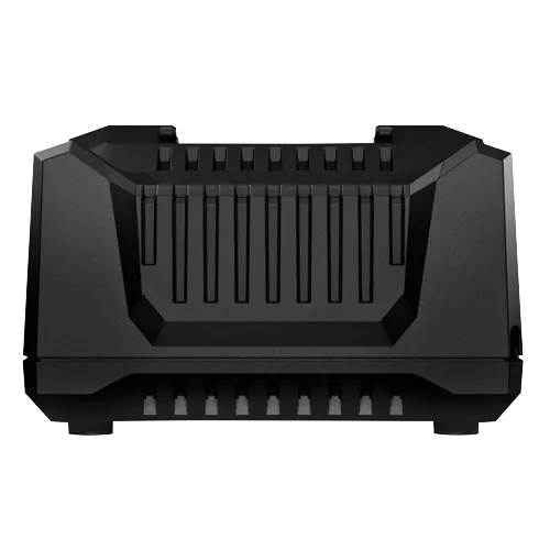 Black, angular object with vertical and horizontal ridges.