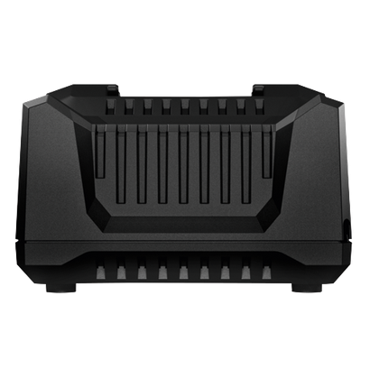 Black, angular object with vertical and horizontal ridges.