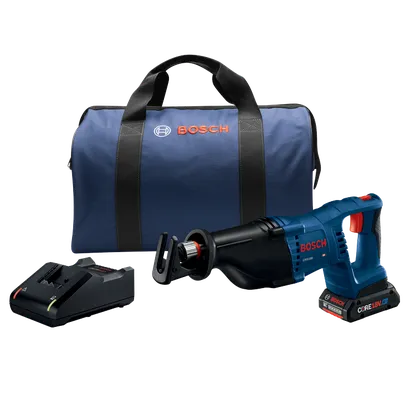 Bosch CRS180 reciprocating saw kit, charger, and carrying bag.