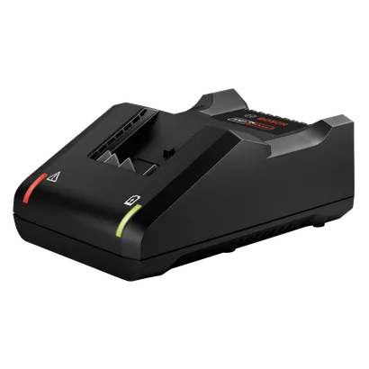 Bosch battery charger, with red and green indicator lights, and "BOSCH" logo.