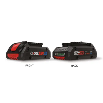 Bosch CORE18V 4Ah battery, with front and back view. Front has "BOSCH" and "CORE 18V.4Ah". Back has "BOSCH" logo, "AMP Share", "18V 4Ah".