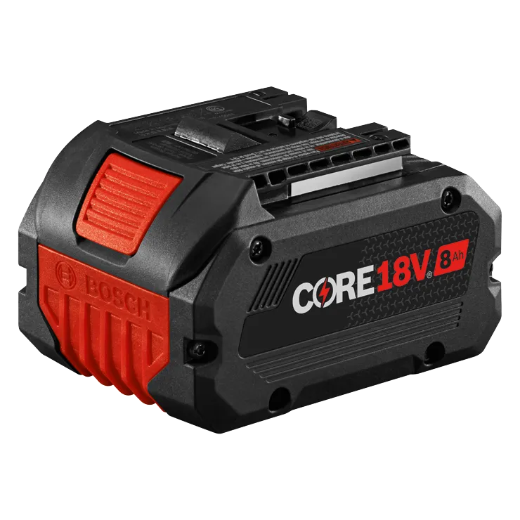 Bosch CORE18V 8Ah battery, with red and black accents. The Bosch logo is visible.