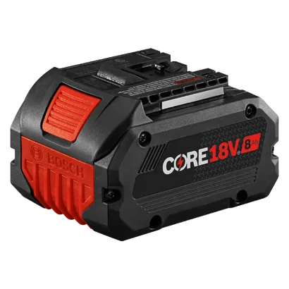 Bosch CORE18V 8Ah battery, with red and black accents. The Bosch logo is visible.
