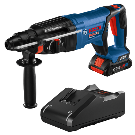 Bosch BULLDOG GBH18V-26D rotary hammer drill and charger.