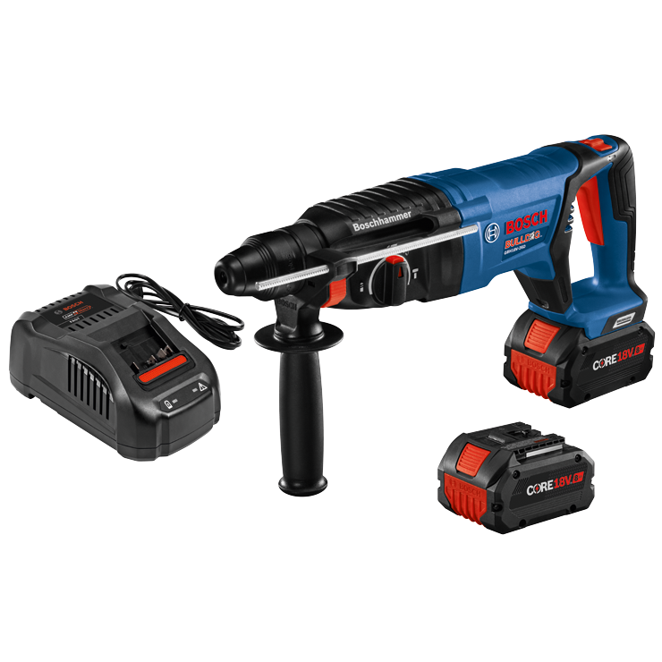 Bosch BULLDOG GBH18V-26D, two CORE 18V.0Ah batteries, and charger.  "Boschhammer" and "AMP Share" text visible.