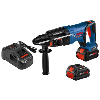 Bosch BULLDOG GBH18V-26D, two CORE 18V.0Ah batteries, and charger.  "Boschhammer" and "AMP Share" text visible.