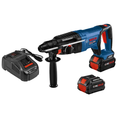 Bosch BULLDOG GBH18V-26D, two CORE 18V.0Ah batteries, and charger.  "Boschhammer" and "AMP Share" text visible.
