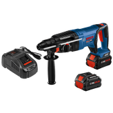 Bosch BULLDOG GBH18V-26D, two CORE 18V.0Ah batteries, and charger.  "Boschhammer" and "AMP Share" text visible.