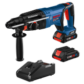 Bosch BULLDOG GBH18V-26D rotary hammer drill, battery, and charger; "Boschhammer" visible.