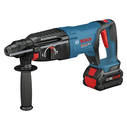 Bosch BULLDOG GBH18V-26D cordless rotary hammer with CORE18V 8Ah battery.