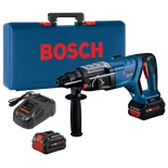 Bosch BULLDOG GBH18V-28DC rotary hammer, battery charger, and two CORE18V. 8Ah batteries in a blue case.